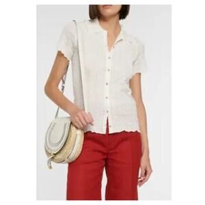 Vince Womens XS Smocked Shirt Blouse Off White Button Up Short Sleeves Stretch